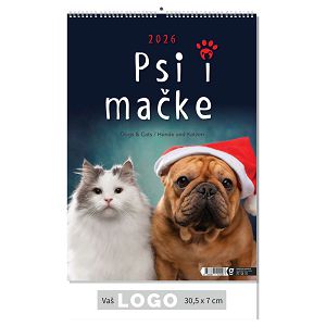 Zidni kalendar Psi i mačke – 13 listova, 30,5×50 cm