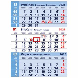 KALENDAR ZIDNI TRODIJELNI PLAVI - NESPIRALIRANI