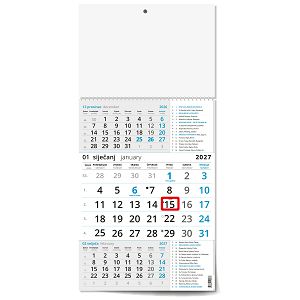 Poslovni trodjelni kalendar plavi za 2026 s katoličkim blagdanima