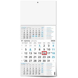 Poslovni trodjelni kalendar plavi za 2026 s katoličkim blagdanima