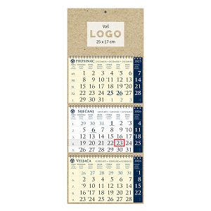 Poslovni trodjelni kalendar SIRIO EKO Tamno Plavi – 3x12 listova, 25x65 cm, spiralno uvezan, reciklirani papir