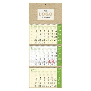 Poslovni trodjelni kalendar SIRIO EKO Zeleni – 3x12 listova, 25x65 cm, spiralno uvezan, reciklirani papir