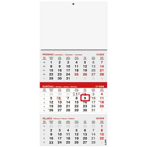 Poslovni trodjelni kalendar SIVO-CRVENI – 12 listova