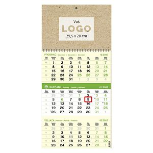 Trodjelni kalendar Poslovni EKO Zeleni – spiralni, 12 listova