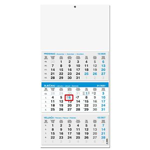 Trodjelni kalendar Poslovni Plavi – iz tri dijela, ljepljeni, 12 listova, 29,5x62 cm