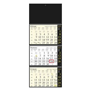 Trodjelni kalendar SIRIO Black Crni – 3x12 listova, spirala, 25x65 cm, pokazivač
