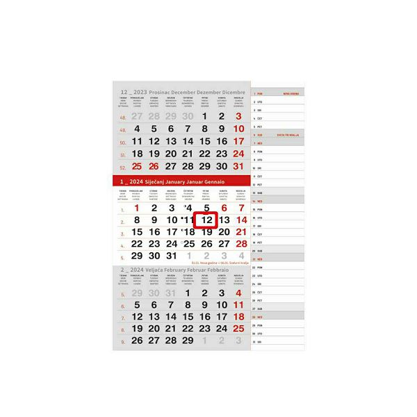 Kalendar trodjelni tromjesečni  "PLANER SIVO - CRVENI"