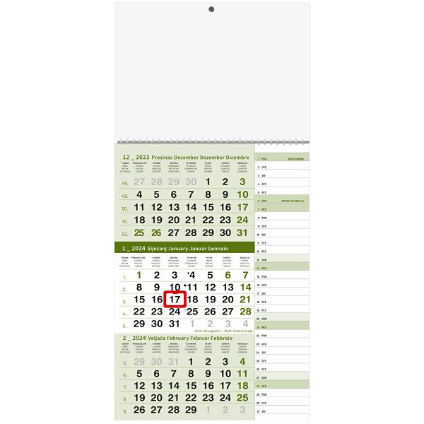 Kalendar trodjelni tromjesečni "PLANER" zeleni