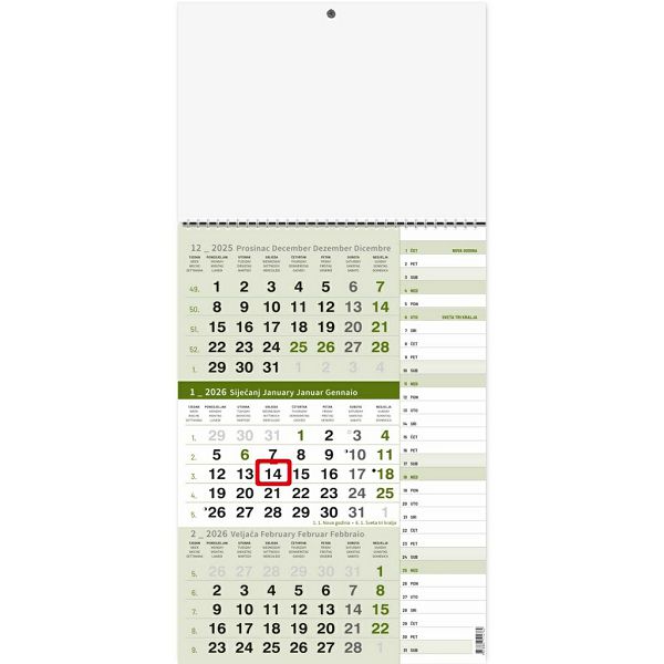 Poslovni kalendar zeleni , tri mjeseca 29,5x62cm, PVC bag