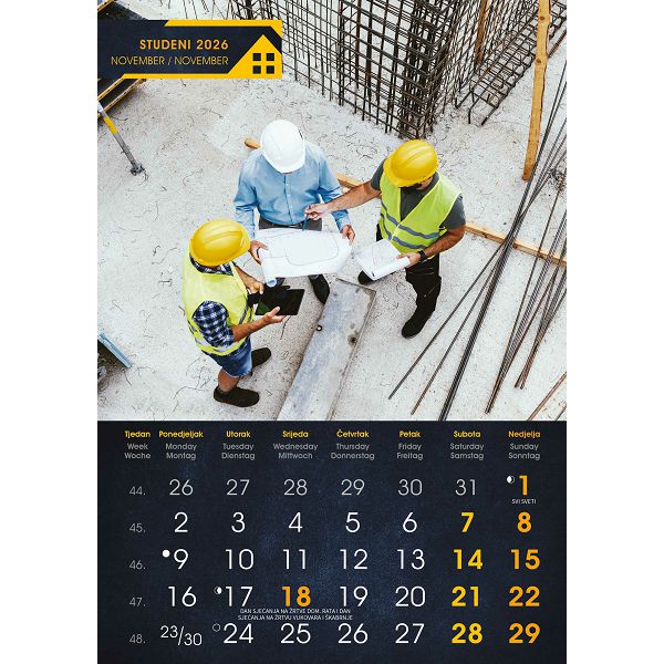 Zidni kalendar S gradilišta – 13 listova, 30,5×50 cm
