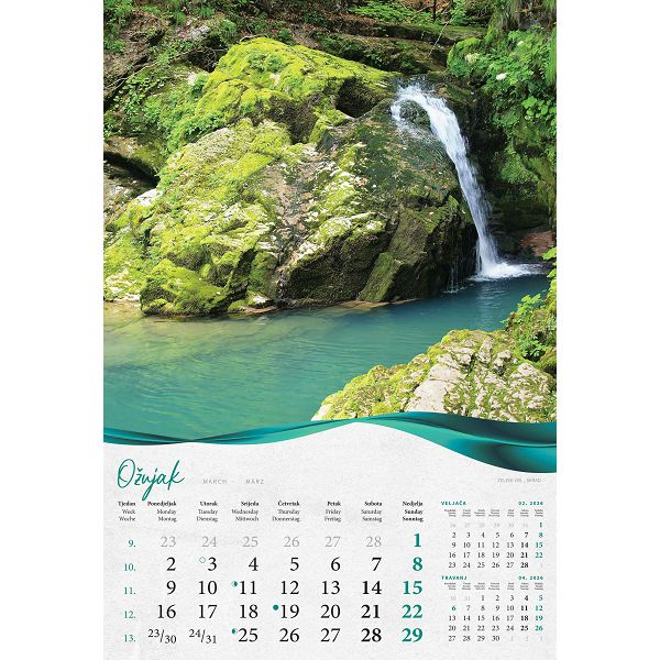 Zidni kalendar Šume, vode i more – 13 listova, 33×55 cm
